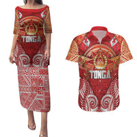 Tonga King's Birthday Couples Matching Puletasi and Hawaiian Shirt Gold Royal Crown Tribal Patterns DT05 Red - Polynesian Pride