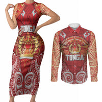 Tonga King's Birthday Couples Matching Short Sleeve Bodycon Dress and Long Sleeve Button Shirt Gold Royal Crown Tribal Patterns DT05 Red - Polynesian Pride