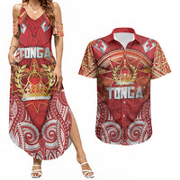 Tonga King's Birthday Couples Matching Summer Maxi Dress and Hawaiian Shirt Gold Royal Crown Tribal Patterns DT05 Red - Polynesian Pride