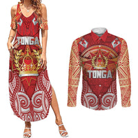 Tonga King's Birthday Couples Matching Summer Maxi Dress and Long Sleeve Button Shirt Gold Royal Crown Tribal Patterns DT05 Red - Polynesian Pride