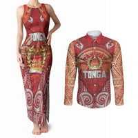 Tonga King's Birthday Couples Matching Tank Maxi Dress and Long Sleeve Button Shirt Gold Royal Crown Tribal Patterns DT05 Red - Polynesian Pride