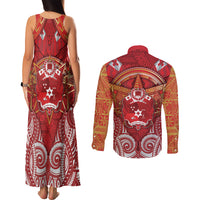 Tonga King's Birthday Couples Matching Tank Maxi Dress and Long Sleeve Button Shirt Gold Royal Crown Tribal Patterns DT05 - Polynesian Pride