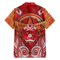 Tonga King's Birthday Family Matching Off Shoulder Short Dress and Hawaiian Shirt Gold Royal Crown Tribal Patterns DT05 Dad's Shirt - Long Sleeve Red - Polynesian Pride