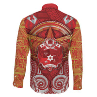 Tonga King's Birthday Family Matching Off Shoulder Short Dress and Hawaiian Shirt Gold Royal Crown Tribal Patterns DT05 Son's Shirt Red - Polynesian Pride