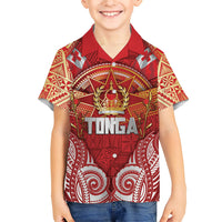 Tonga King's Birthday Family Matching Puletasi and Hawaiian Shirt Gold Royal Crown Tribal Patterns DT05 Son's Shirt Red - Polynesian Pride