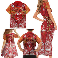 Tonga King's Birthday Family Matching Short Sleeve Bodycon Dress and Hawaiian Shirt Gold Royal Crown Tribal Patterns DT05 Mom's Dress Red - Polynesian Pride