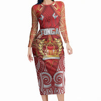 Tonga King's Birthday Long Sleeve Bodycon Dress Gold Royal Crown Tribal Patterns DT05 Long Dress Red - Polynesian Pride