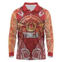 Tonga King's Birthday Long Sleeve Polo Shirt Gold Royal Crown Tribal Patterns DT05 Red - Polynesian Pride