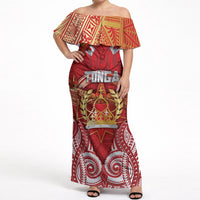 Tonga King's Birthday Off Shoulder Maxi Dress Gold Royal Crown Tribal Patterns DT05 Women Red - Polynesian Pride
