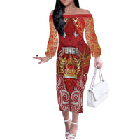 Tonga King's Birthday Off The Shoulder Long Sleeve Dress Gold Royal Crown Tribal Patterns DT05 Women Red - Polynesian Pride