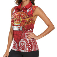 Tonga King's Birthday Women Sleeveless Polo Shirt Gold Royal Crown Tribal Patterns DT05 - Polynesian Pride