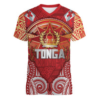 Tonga King's Birthday Women V-Neck T-Shirt Gold Royal Crown Tribal Patterns DT05 Female Red - Polynesian Pride