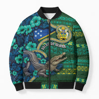 Personalised Solomon Islands Independence Day Bomber Puffer Jacket Crocodile Hibiscus Tribal Pattern