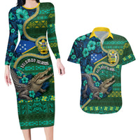 Personalised Solomon Islands Independence Day Couples Matching Long Sleeve Bodycon Dress and Hawaiian Shirt Crocodile Hibiscus Tribal Pattern DT05 Green - Polynesian Pride