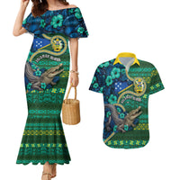 Personalised Solomon Islands Independence Day Couples Matching Mermaid Dress and Hawaiian Shirt Crocodile Hibiscus Tribal Pattern DT05 Green - Polynesian Pride