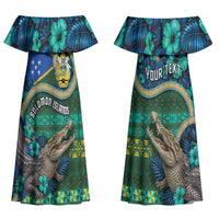 Personalised Solomon Islands Independence Day Couples Matching Off Shoulder Maxi Dress and Hawaiian Shirt Crocodile Hibiscus Tribal Pattern DT05 - Polynesian Pride
