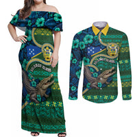 Personalised Solomon Islands Independence Day Couples Matching Off Shoulder Maxi Dress and Long Sleeve Button Shirt Crocodile Hibiscus Tribal Pattern DT05 Green - Polynesian Pride