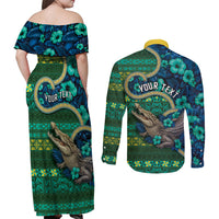 Personalised Solomon Islands Independence Day Couples Matching Off Shoulder Maxi Dress and Long Sleeve Button Shirt Crocodile Hibiscus Tribal Pattern DT05 - Polynesian Pride