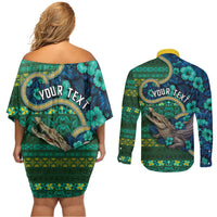 Personalised Solomon Islands Independence Day Couples Matching Off Shoulder Short Dress and Long Sleeve Button Shirt Crocodile Hibiscus Tribal Pattern