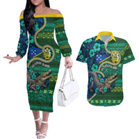 Personalised Solomon Islands Independence Day Couples Matching Off The Shoulder Long Sleeve Dress and Hawaiian Shirt Crocodile Hibiscus Tribal Pattern DT05 Green - Polynesian Pride