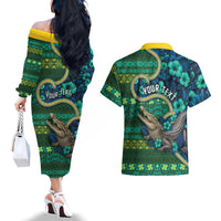 Personalised Solomon Islands Independence Day Couples Matching Off The Shoulder Long Sleeve Dress and Hawaiian Shirt Crocodile Hibiscus Tribal Pattern DT05 - Polynesian Pride