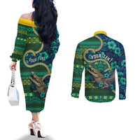 Personalised Solomon Islands Independence Day Couples Matching Off The Shoulder Long Sleeve Dress and Long Sleeve Button Shirt Crocodile Hibiscus Tribal Pattern