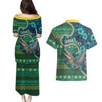 Personalised Solomon Islands Independence Day Couples Matching Puletasi and Hawaiian Shirt Crocodile Hibiscus Tribal Pattern DT05 - Polynesian Pride