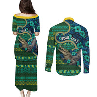 Personalised Solomon Islands Independence Day Couples Matching Puletasi and Long Sleeve Button Shirt Crocodile Hibiscus Tribal Pattern DT05 - Polynesian Pride