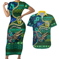 Personalised Solomon Islands Independence Day Couples Matching Short Sleeve Bodycon Dress and Hawaiian Shirt Crocodile Hibiscus Tribal Pattern DT05 Green - Polynesian Pride