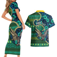 Personalised Solomon Islands Independence Day Couples Matching Short Sleeve Bodycon Dress and Hawaiian Shirt Crocodile Hibiscus Tribal Pattern DT05 - Polynesian Pride