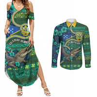 Personalised Solomon Islands Independence Day Couples Matching Summer Maxi Dress and Long Sleeve Button Shirt Crocodile Hibiscus Tribal Pattern DT05 Green - Polynesian Pride
