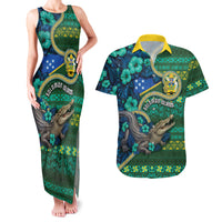 Personalised Solomon Islands Independence Day Couples Matching Tank Maxi Dress and Hawaiian Shirt Crocodile Hibiscus Tribal Pattern DT05 Green - Polynesian Pride