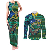 Personalised Solomon Islands Independence Day Couples Matching Tank Maxi Dress and Long Sleeve Button Shirt Crocodile Hibiscus Tribal Pattern DT05 Green - Polynesian Pride