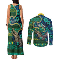 Personalised Solomon Islands Independence Day Couples Matching Tank Maxi Dress and Long Sleeve Button Shirt Crocodile Hibiscus Tribal Pattern DT05 - Polynesian Pride