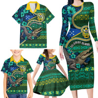 Personalised Solomon Islands Independence Day Family Matching Long Sleeve Bodycon Dress and Hawaiian Shirt Crocodile Hibiscus Tribal Pattern DT05 - Polynesian Pride
