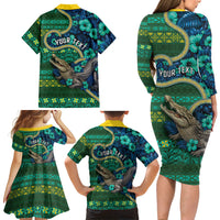 Personalised Solomon Islands Independence Day Family Matching Long Sleeve Bodycon Dress and Hawaiian Shirt Crocodile Hibiscus Tribal Pattern DT05 Mom's Dress Green - Polynesian Pride