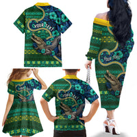 Personalised Solomon Islands Independence Day Family Matching Off The Shoulder Long Sleeve Dress and Hawaiian Shirt Crocodile Hibiscus Tribal Pattern DT05 Mom's Dress Green - Polynesian Pride