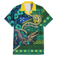 Personalised Solomon Islands Independence Day Family Matching Off The Shoulder Long Sleeve Dress and Hawaiian Shirt Crocodile Hibiscus Tribal Pattern DT05 Dad's Shirt - Short Sleeve Green - Polynesian Pride