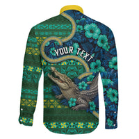 Personalised Solomon Islands Independence Day Family Matching Off The Shoulder Long Sleeve Dress and Hawaiian Shirt Crocodile Hibiscus Tribal Pattern DT05 Son's Shirt Green - Polynesian Pride