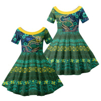 Personalised Solomon Islands Independence Day Family Matching Off Shoulder Maxi Dress and Hawaiian Shirt Crocodile Hibiscus Tribal Pattern DT05 Daughter's Dress Green - Polynesian Pride