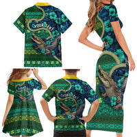 Personalised Solomon Islands Independence Day Family Matching Short Sleeve Bodycon Dress and Hawaiian Shirt Crocodile Hibiscus Tribal Pattern DT05 Mom's Dress Green - Polynesian Pride