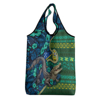 Solomon Islands Independence Day Grocery Bag Crocodile Hibiscus Tribal Pattern
