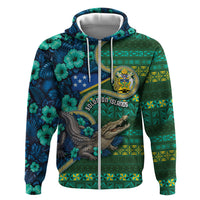 Personalised Solomon Islands Independence Day Hoodie Crocodile Hibiscus Tribal Pattern