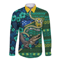 Personalised Solomon Islands Independence Day Long Sleeve Button Shirt Crocodile Hibiscus Tribal Pattern