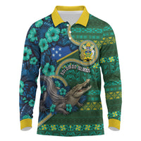 Personalised Solomon Islands Independence Day Long Sleeve Polo Shirt Crocodile Hibiscus Tribal Pattern