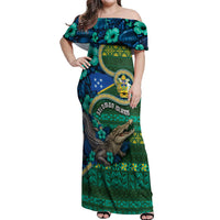 Personalised Solomon Islands Independence Day Off Shoulder Maxi Dress Crocodile Hibiscus Tribal Pattern DT05 Women Green - Polynesian Pride