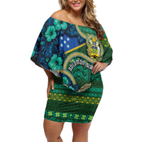 Personalised Solomon Islands Independence Day Off Shoulder Short Dress Crocodile Hibiscus Tribal Pattern DT05 Women Green - Polynesian Pride