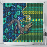 Solomon Islands Independence Day Shower Curtain Crocodile Hibiscus Tribal Pattern