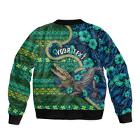Personalised Solomon Islands Independence Day Sleeve Zip Bomber Jacket Crocodile Hibiscus Tribal Pattern