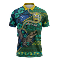Personalised Solomon Islands Independence Day Zipper Polo Shirt Crocodile Hibiscus Tribal Pattern DT05 Green - Polynesian Pride